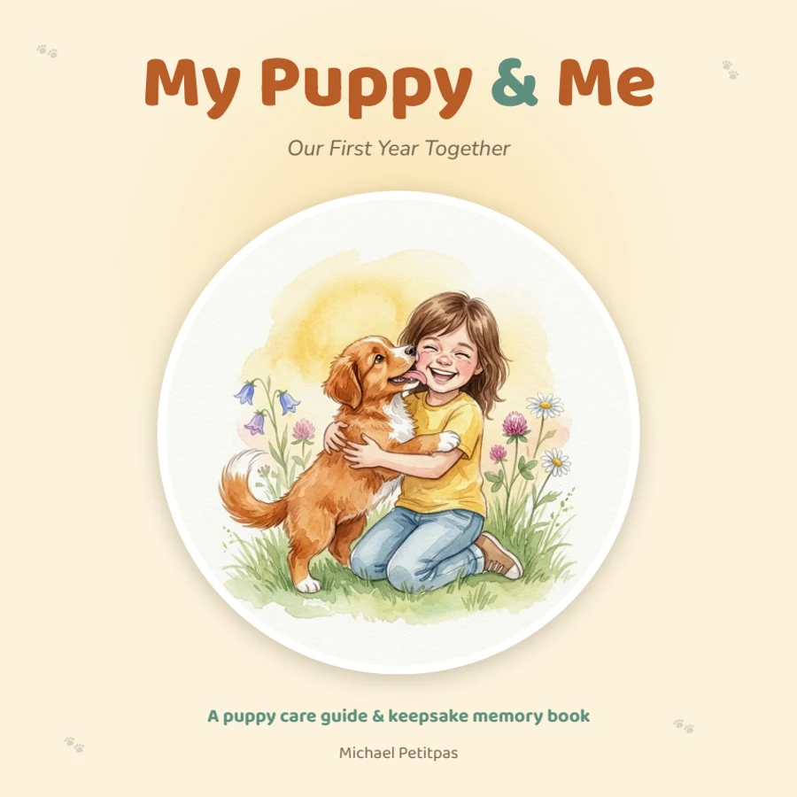 My Puppy & Me book cover — a child hugging a Duck Tolling Retriever puppy