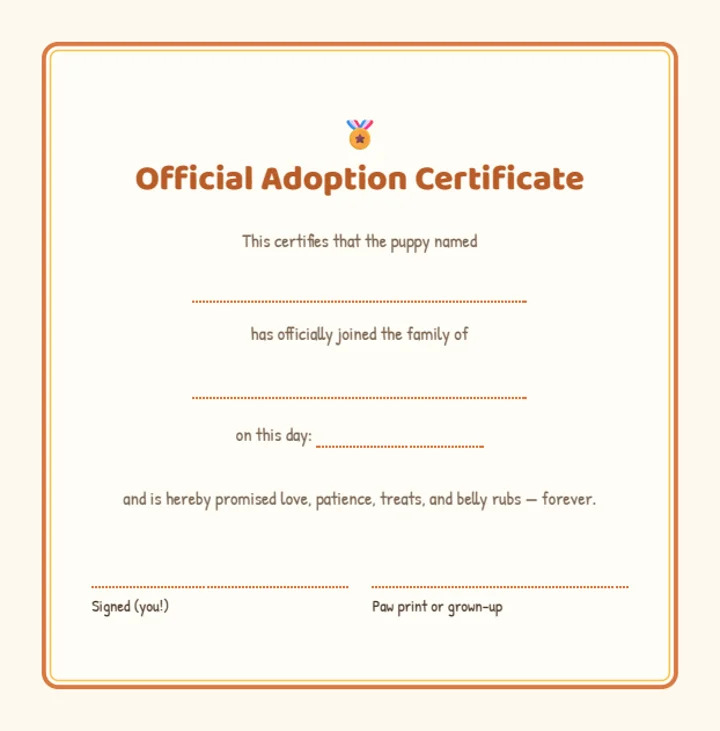 Official Adoption Certificate page to fill in and sign