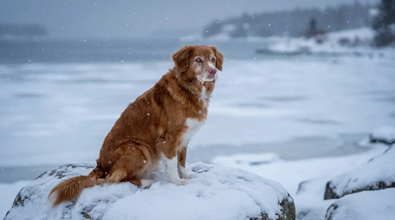 A senior Nova Scotia Duck Tolling Retriever with a frost-white muzzle sits on a snowy rock above a frozen bay, snow falling softly