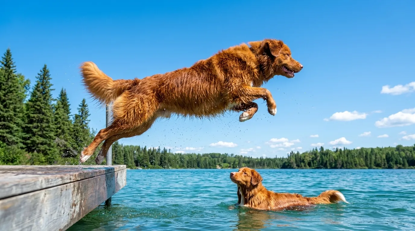 A Nova Scotia Duck Tolling Retriever caught mid-air leaping off a wooden dock into a bright summer lake while a second Toller swims below