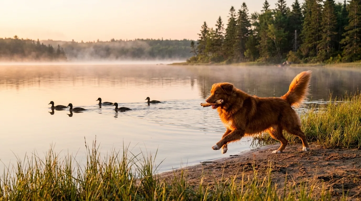 A Nova Scotia Duck Tolling Retriever bounds along a misty dawn shoreline with a stick of driftwood while a line of curious ducks drifts closer to watch