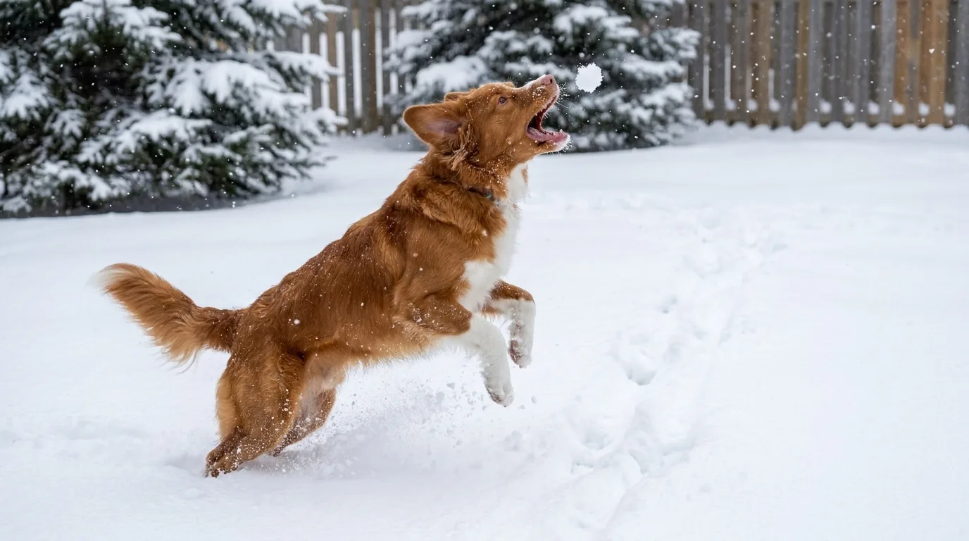 A Nova Scotia Duck Tolling Retriever leaps through fresh backyard snow, mouth open to catch a falling snowflake, snow spraying from her paws