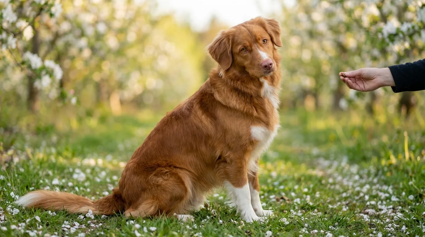 A Nova Scotia Duck Tolling Retriever sits in a blossoming spring orchard, head tilted, giving a skeptical stare at a training treat held out in a hand