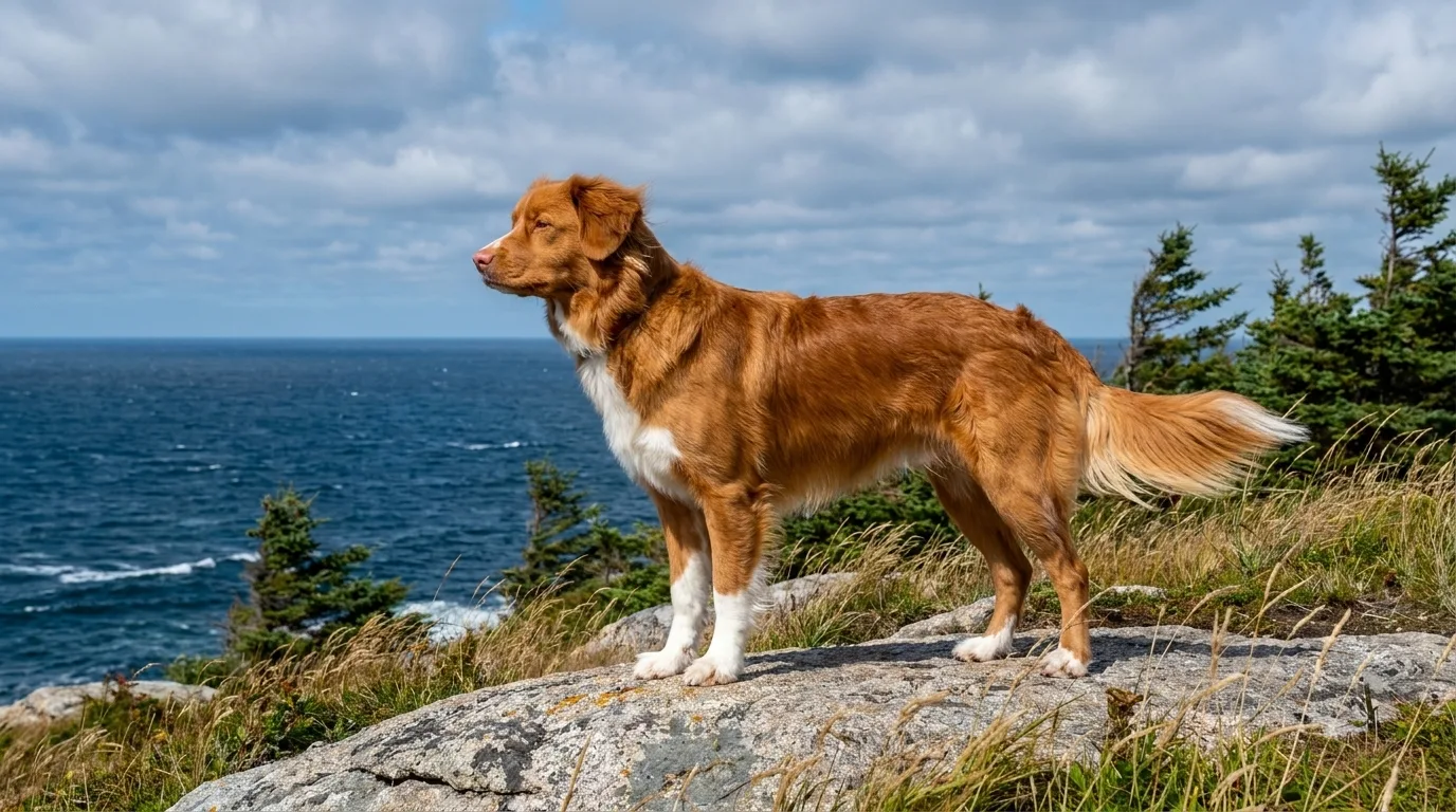 A Nova Scotia Duck Tolling Retriever stands in proud profile on a windswept granite headland above the Atlantic, gazing out to sea