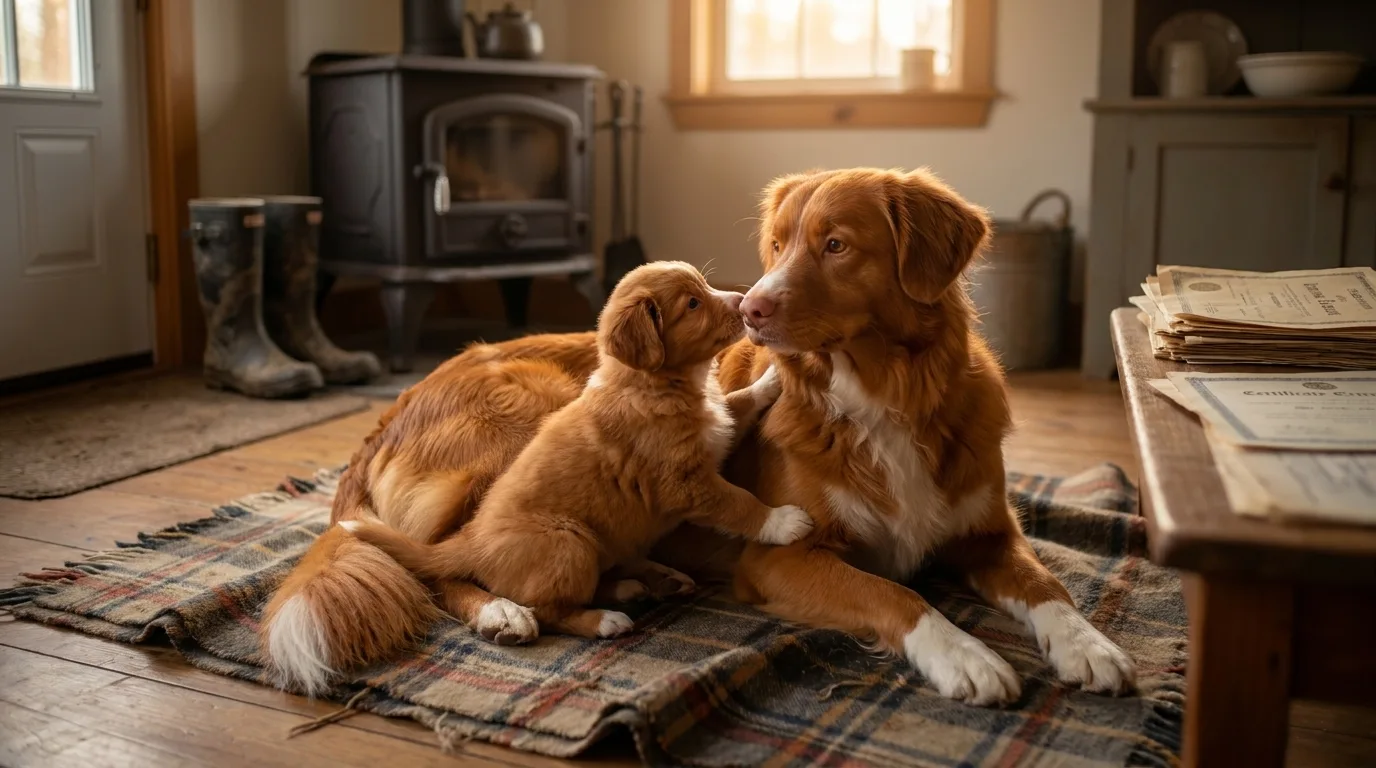 A Toller mother lies on a plaid blanket in a warm farmhouse kitchen while her puppy climbs against her shoulder to touch noses, health certificates stacked on the table beside them