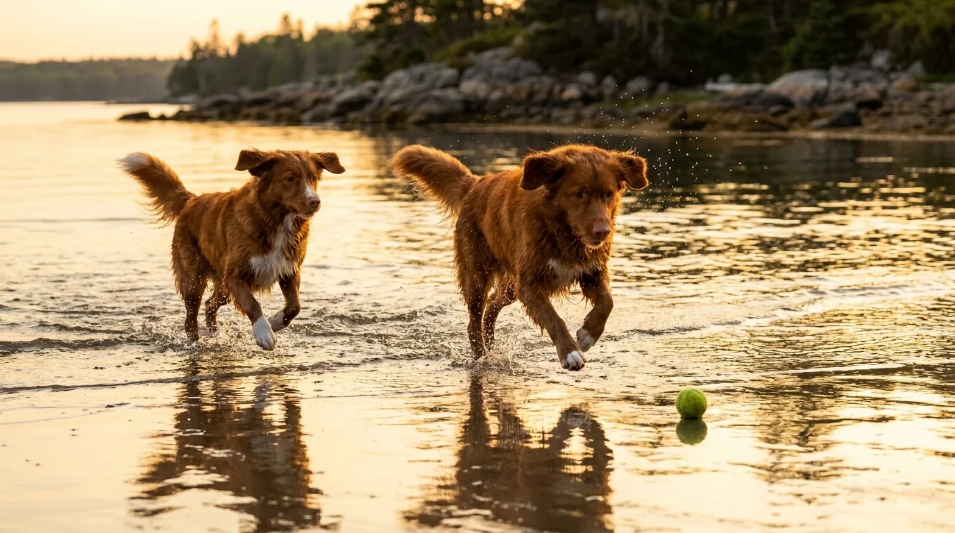 Two Nova Scotia Duck Tolling Retrievers charge through golden shallows after a tennis ball at sunset on a Nova Scotia shoreline