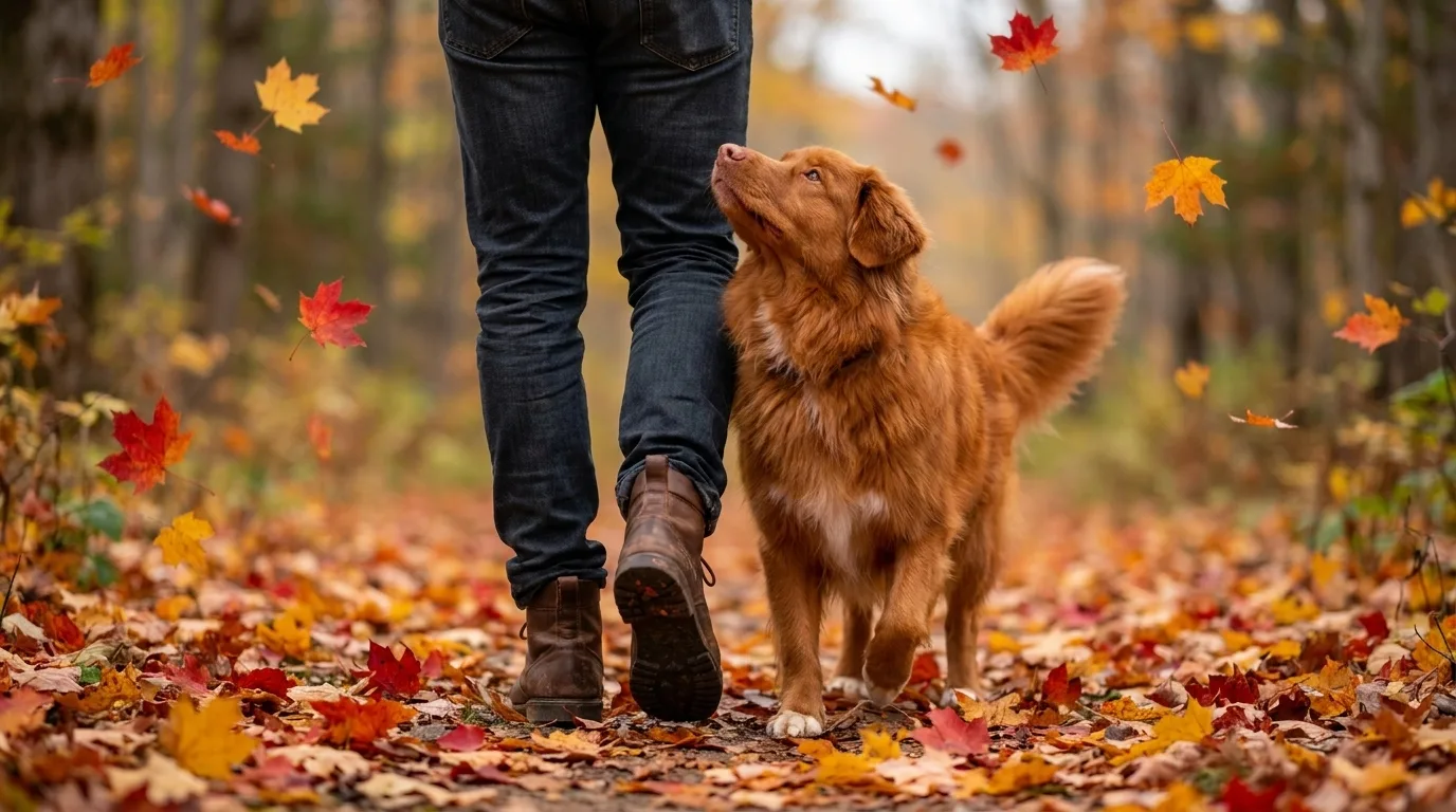 A Nova Scotia Duck Tolling Retriever walks close at his owner's heels along a maple-leaf-covered autumn path, gazing up devotedly