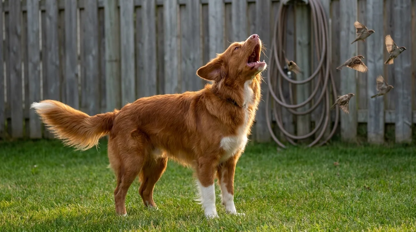 A Nova Scotia Duck Tolling Retriever stands in a golden evening backyard mid-scream, head thrown back and mouth wide, as sparrows flee the fence line