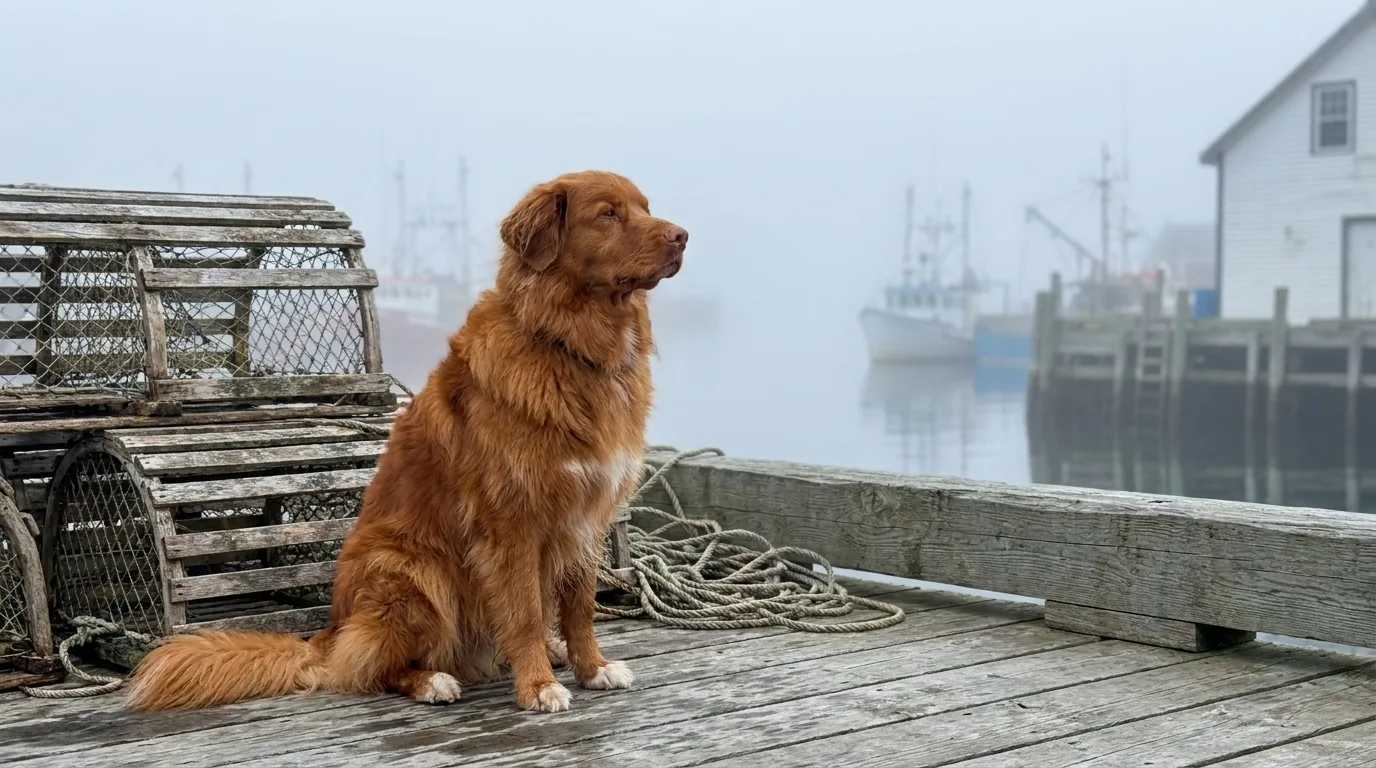 A Nova Scotia Duck Tolling Retriever sits on a weathered wharf beside wooden lobster traps, fishing boats fading into the harbour fog behind