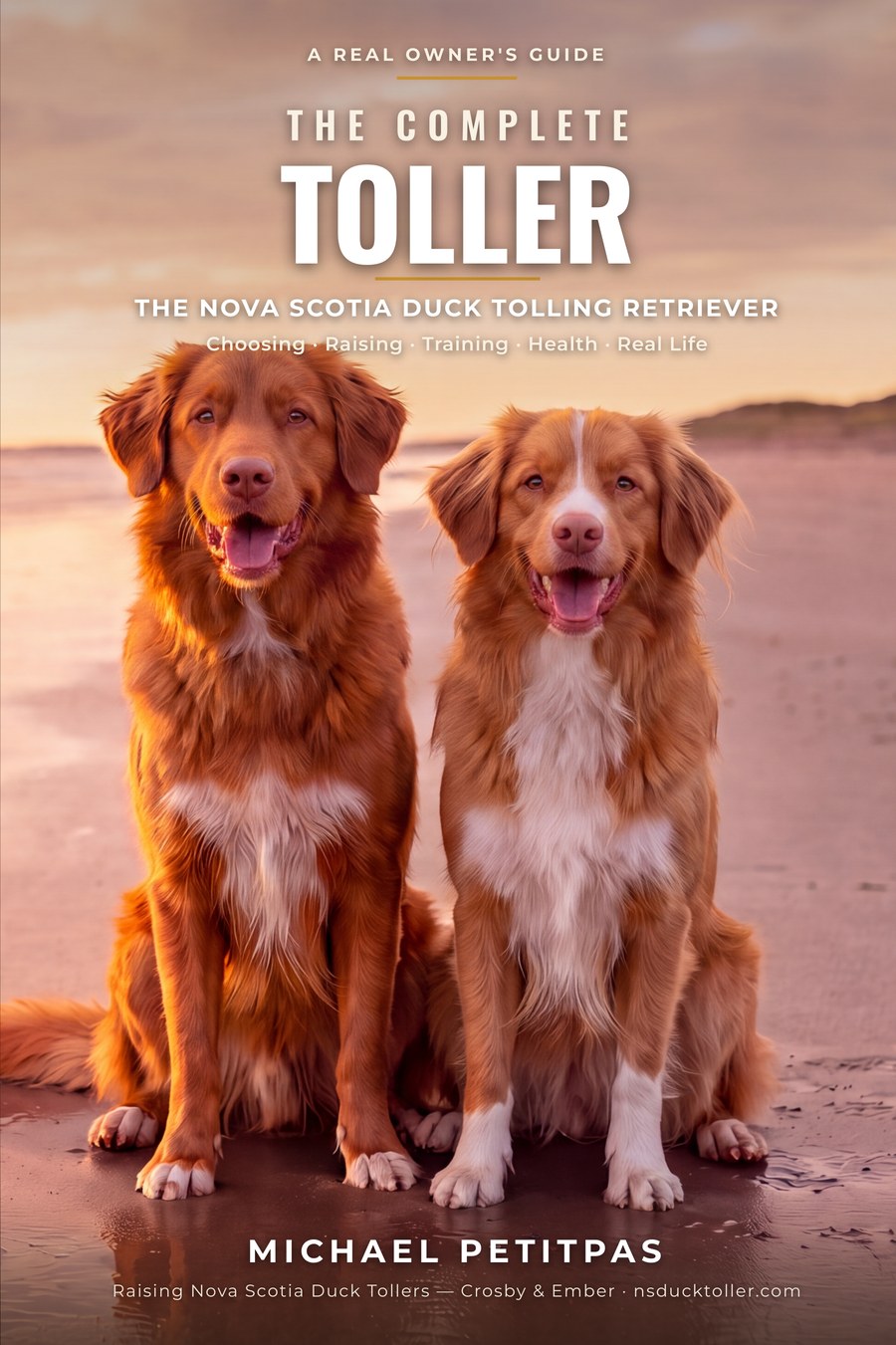 The Complete Toller cover — Crosby and Ember on a golden-hour beach