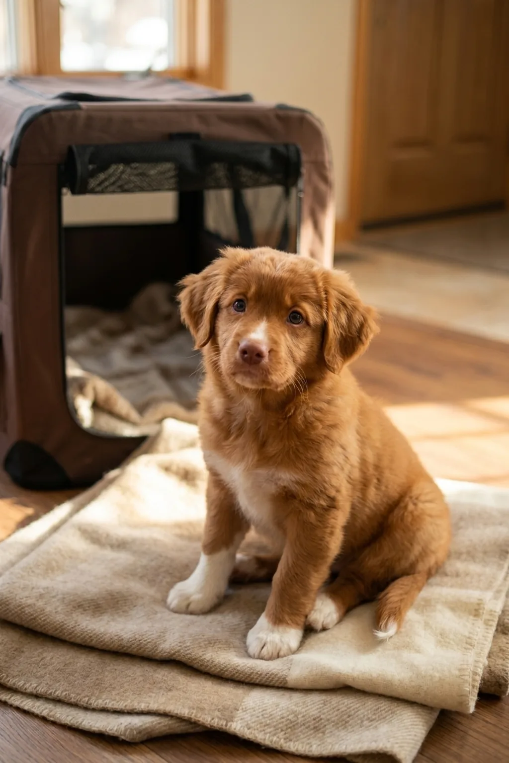 An eight-week-old Nova Scotia Duck Tolling Retriever puppy sitting on a folded blanket beside an open soft-sided travel carrier on going-home day