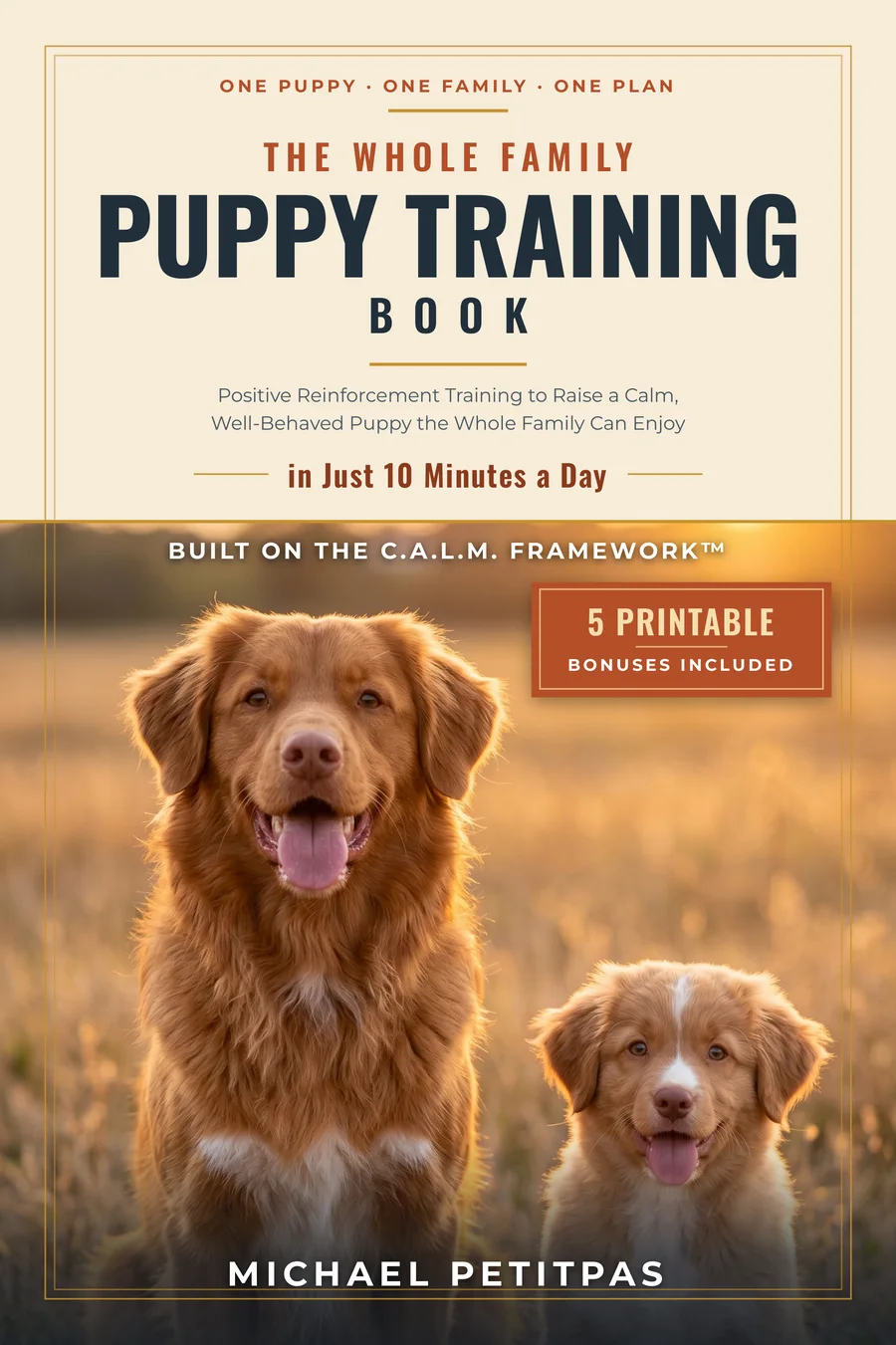 The Whole Family Puppy Training Book cover — two Duck Tolling Retrievers in a golden field